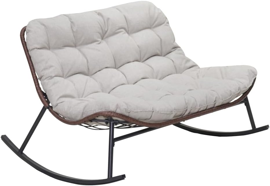 Double Wide Rocking Papasan Chair: Oversized 2-Person Outdoor Lounge Chair with Weather-Resistant PE Rattan and Comfortable Cushions for Patio, Garden, Balcony