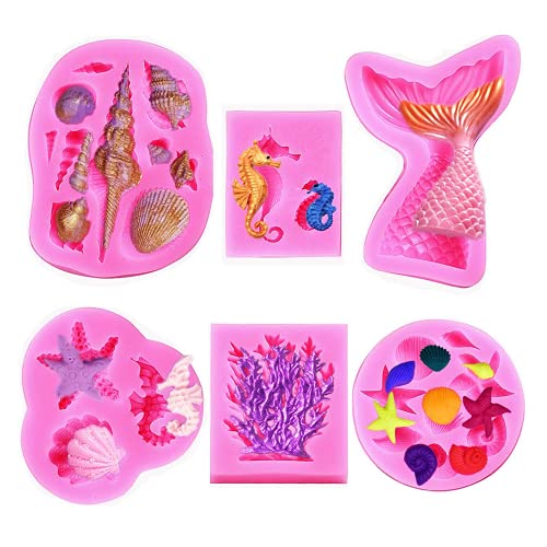 Zueyen 6 moldes de silicona para fondant de chocolate con temática marina para decoración de pasteles o hacer arcilla Cover