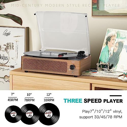 Image of Retro Record Player for Vinyl with Speakers Vintage Turntable Vinyls Records Belt-Driven Turntables 3-Speed 3 Size 33 1 /3 45 78 RPM Wireless Playback Headphone AUX RCA Line LP Vinyl Players Wood Grain