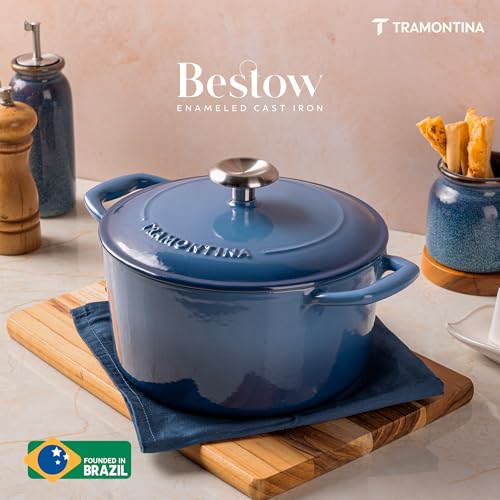 Image of TRAMONTINA Bestow Round Dutch Oven 3.3L with Lid | Enameled Cast Iron Casserole Pot & Biryani Pot | Even Heat Retention | Low Oil Healthy Cooking | No Seasoning Required | All Cooktops Compatible | Blue