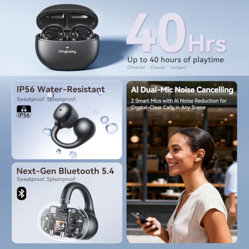Image of Kinglucky Upgraded Clip-On Earbuds Comfortable fit & Crystal-Clear Sound, 40H Playtime Open Ear Buds Bluetooth 5.4 Wireless Headphones for Women Ideal for Small Ears,Sports,Workouts,Glasses Black