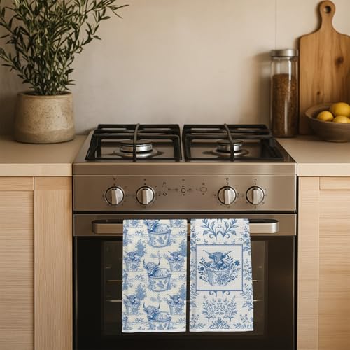 Image of Vintage Blue Chinoiserie Floral Highland Cow Kitchen Towels, Highland Cow Gifts Dish Tea Towels, Grandmillennial Farmhouse Heifer Decorative Hand Towel for Bathroom, 16x24 Inch Set of 2