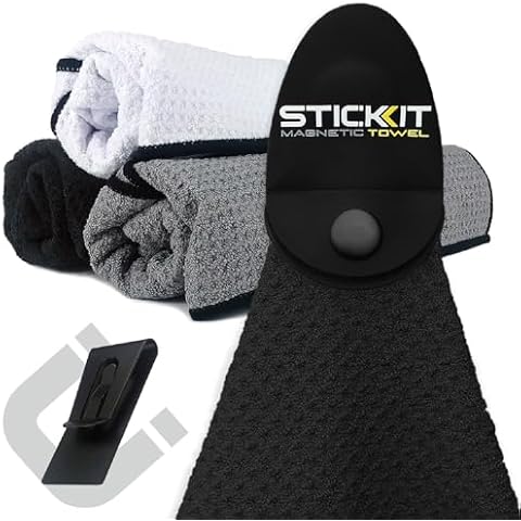 STICKIT Magnetic Sports Towel, Black | Top-Tier Microfiber Towel with Deep Waffle Pockets | Powerful Magnet for Strong Hold | Super Absorbent and Quick Dry Towel Cover