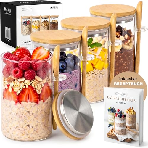 EDELHAUS Overnight Oats/Vorratsgläser mit Deckel Etiketten & Löffeln (4 x 500ml) Gewürzgläser Behälter für Haferflocken | Auslaufsicher für Müsli Joghurt Chia-Pudding Zucker und Salz