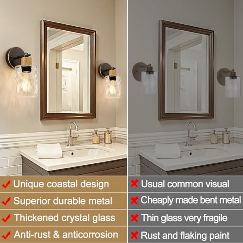 Image of MOKATNG Set of 2 Wall Sconces for Bathroom, Coastal Modern Vanity Lights with Crystal Glass Shade, Brown and Gold Bathroom Wall Lamp for Mirror Kitchen Living Room Hallway Cabinet Porch