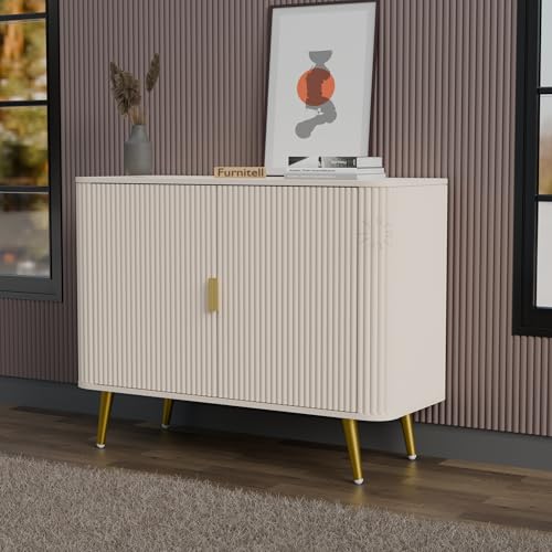 Image of Wooden Sideboard Cabinet for Living Room | Side Board Crockery Cabinet with 2 Doors Storage for Dining, Drawing and Home Office | HDMR Premium Wood & Iron, White