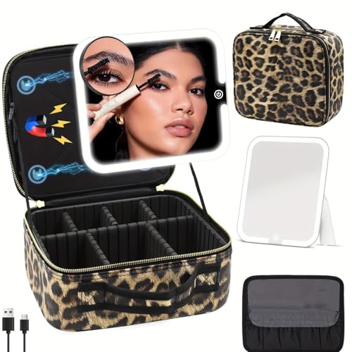WITFAMILY Kosmetiktasche mit SpiegelSchminkkoffer mit 1/10x Spiegel und 3 Farbe Licht Schminktasche mit Aufbewahrung von Make-up-PinselnTravel Makeup Bag für Frauen (Leopard Tattoo)
