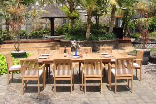 New 9 Pc Luxurious Grade-A Teak Dining Set - 94" Rectangle Table and 8 Lua Stacking Arm Chairs #WHDSLUd
