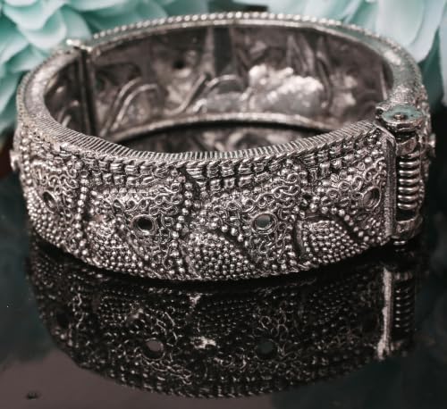 Image of Touchstone Indian bracelets for women mixed metal cuff crystal rhinestones bracelet handcrafted wrist enhancer free size designer in gold or oxidized white tone