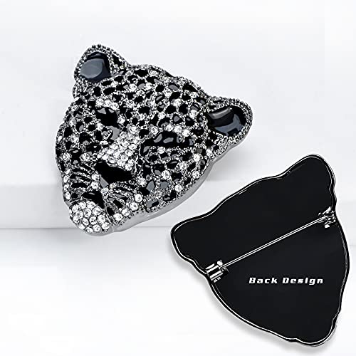 Image of Vintage Black Enamel Spotted Leopard Head Rhinestone CZ Animal Brooch Pin Lapel Pin Badge