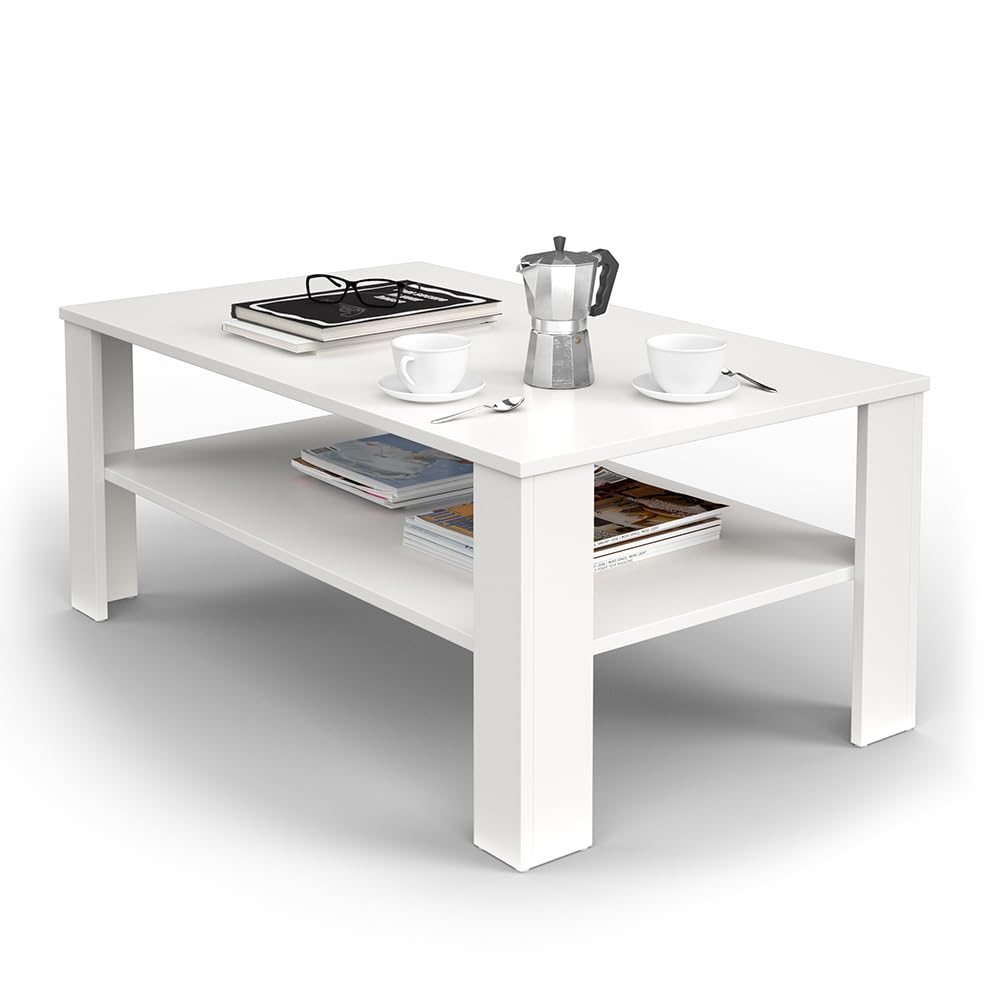 Vicco Tavolino da salotto, Bianco, 100 x 60 cm, con vano aperto per la conservazione di riviste