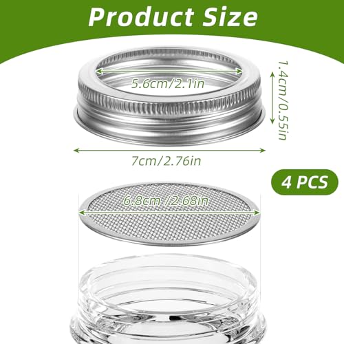 4 Pack Mason Jar Sprouting Lids, Regular Mouth Mason Jars Sprout Lids, Stainless Steel Sprouting Lid for Wide Mouth Masons Jars, Growing Bean, Broccoli, Alfalfa, Organic Sprout Seeds