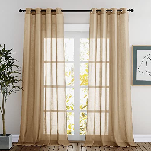 NICETOWN Sheer Linen Curtains Flax Texture 90 inch Long, Grommet Semi Sheer Window Treatments Privacy with Light Filtering Drapes for Bedroom/Living Room, Camel, W52 x L90, 2 Panels