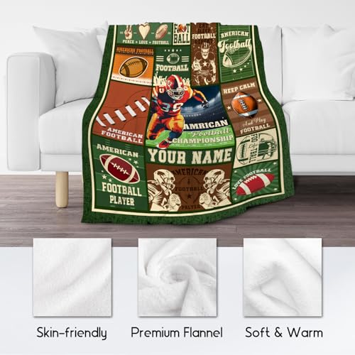 Custom Football Blanket - 40x50 Inches Sports Throw Blanket for Boys Kids - Green Soft Fuzzy Blankets for Couch, Sofa & Office
