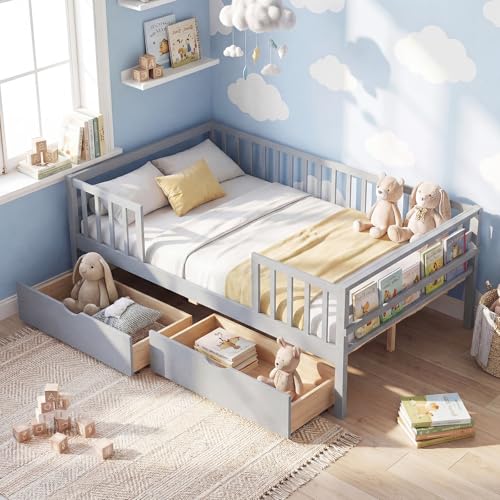 Image of KOMFOTT Full Bed Frame with Rails, Wood Daybed with Side Shelf & 2 Storage Drawers, Platform Bed with Guardrail & Wooden Slat Support for Kids Teens, No Box Spring Needed (Full,Grey)