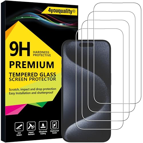 4youquality [4-Pack Screen Protector for iPhone 15 Pro (6.1-Inch) Tempered Glass Film [LifetimeSupport][Impact-Protection][Anti-Shatter][Anti-Scratch]