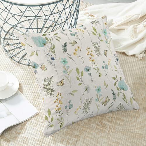 Image of Spring Pillow Covers 18x18 Inch Set of 2, Aqua Teal Sage Green Wild Flower Throw Pillows Case,Colorful Seasonal Floral Plant Outdoor Decorative Farmhouse Decor Cushion Covers for Sofa Bed Couch
