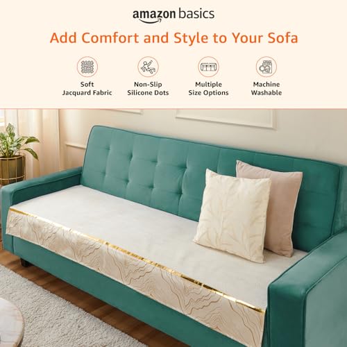 Image of Amazon Basics Knitted Fabric Sofa Cover for Three Seater, Classic Plaid, Non-Slip Sofa Pad, 70x180 cm, Soft Silicone Grip Dots, 100% Polyester, Machine Washable - Off-White