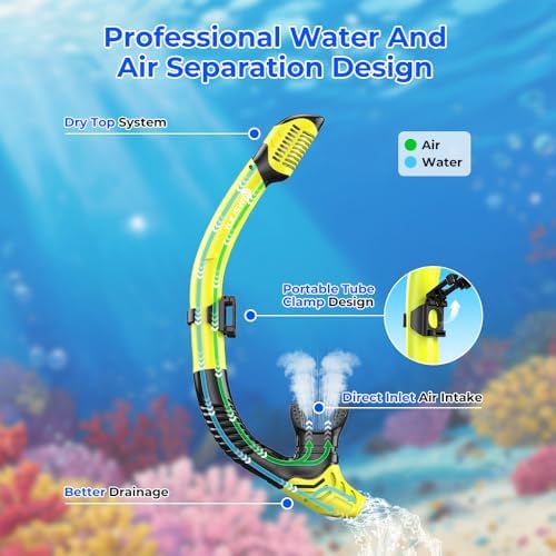 Snorkeling Gear for Adults, Snorkel Mask Set 180 Degree Tempered Glass Anti Fog Goggles Dry Top Snorkel Set Scuba Diving mask with Soft Silicone Skirt Anti-Leak Comfortable Snorkel Set