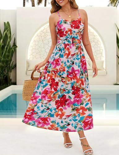 Image of Annebouti Women 2026 Summer Spring Ruched Maxi Dress Adjustable Spaghetti Strap Floral Beach Long Sundress with Pockets