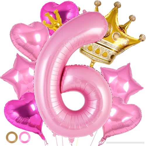 Princess Birthday Balloons, Pink 40 Inch Crown Number 6 Balloon Set, Heart Star Crown Foil Balloons for Girls Princess 6th Birthday Party Decorations Supplies (Number 6)