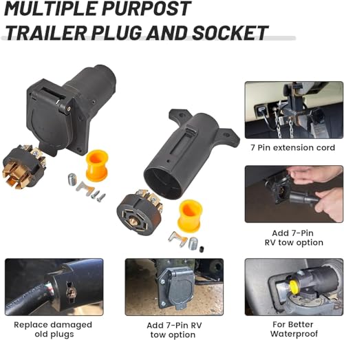 VELEGO RV 7 Pin Male and Female Trailer Connector, Truck Side & Trailer End 7 Way Blade Style Replacement Trailer Plug and Receptacle Socket, Heavy Duty 7 Pole Flat Wiring Harness Connector Splice Kit