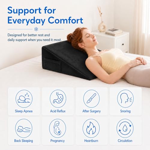 Image of OAISZ Wedge Pillow, 12 Inch Bed Wedge Pillow for Headboard, Pillow Wedge for Acid Reflux Relief, After Surgery, Sleeping, Back Pain Relief, Memory Foam Top, Black