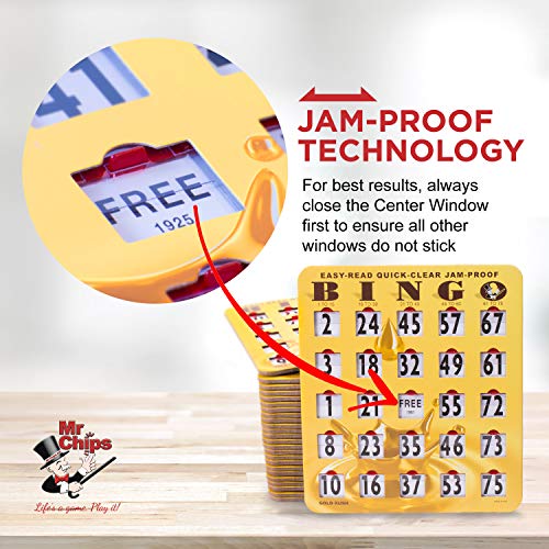 Mr Chips Jam-Proof Easy-Read Quick-Clear Large Print Fingertip Slide Bingo Cards With Sliding Windows - 25 Pack In Gold Rush Style #TOP1