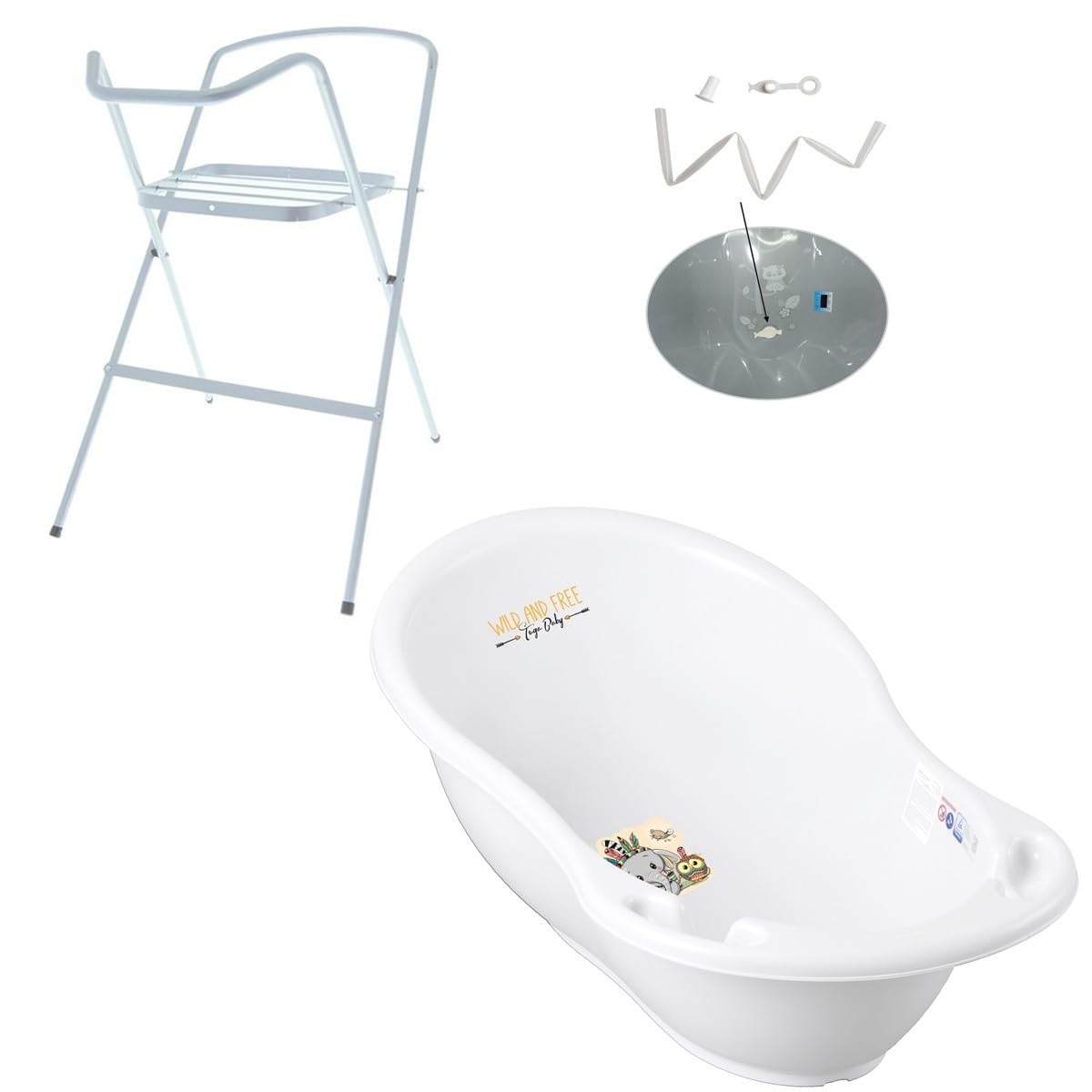 Bañera para bebé con termómetro de elefante, 86 cm, incluye pie y manguera, color blanco
