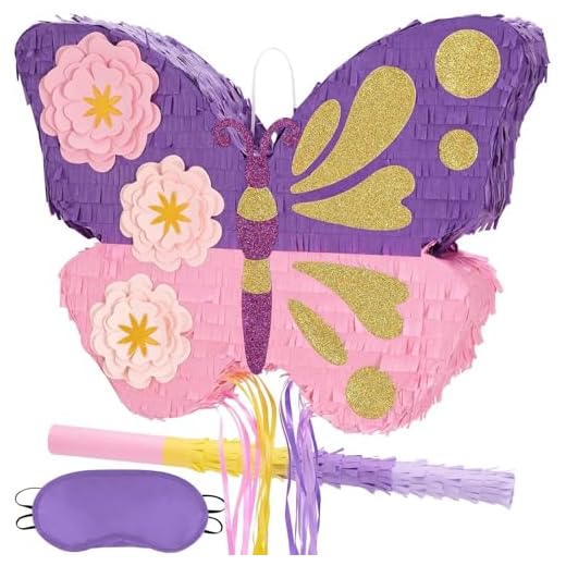 WERNNSAI Schmetterling Pinata – Schmetterling Geburtstag Pinata Deko Mädchen Kinder Rosa Lila Blumen Piñata mit Stock Augenmaske Quaste Kordelzug Geburtstagsparty Dekoration Lustig Piñata Spiele