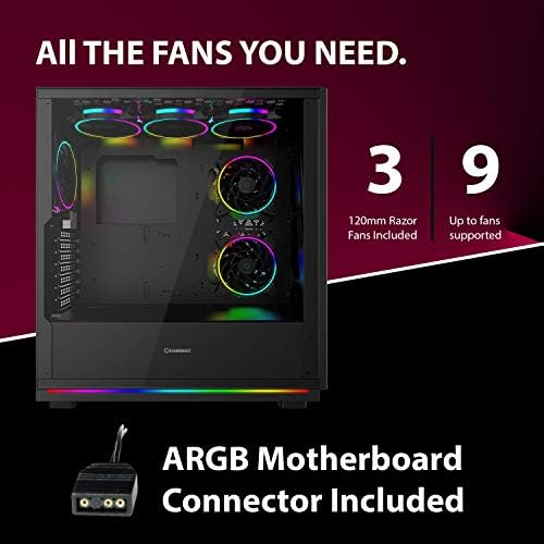 GameMax View ARGB PC Gaming case, ATX, 3 x 120mm Razor Fans Included, 2 x ARGB LED Strips Included, ARGB Hub, 9 Fan Support, Water-Cooling Ready | Black