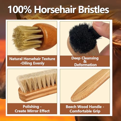 15 Pcs Shoe Polish Kit Shoe Shine Kit Leather Boot Care Kit -4 Horsehair Brushes,Saddle Soap,Mink Oil,Brown/Black Polish,Waterproofer Wax,Fiber Cloth,2 Buffing Cloth,2 SHoe Horn,2 Polish Sponge