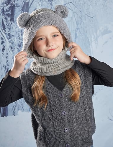 SEAUR Kid Winter Hat Scarf Set Boys Girls Knit Hood Hats Warm Fleece Lining Scarf Skull Cap Balaclava Beanie for 4-10 Years2