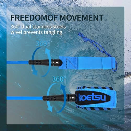 KOETSU Surf Leash 6ft/7ft/8ft/9ft/10ft - Premium Surfboard Leash for Shortboard/Longboard/SUP - 7mm Polyurethane Cord with Quick Release, Dual Swivel & Comfortable Neoprene Cuff(9ft)