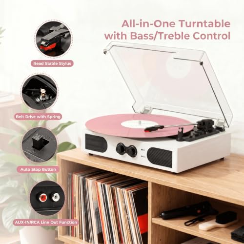 Image of Vinyl Record Player with Built-in Stereo Speakers, Vintage 3-Speed Turntable, Bass /Treble Control, Headphone Jack, RCA /AUX Outputs, Belt-Driven LP Player, White Wood