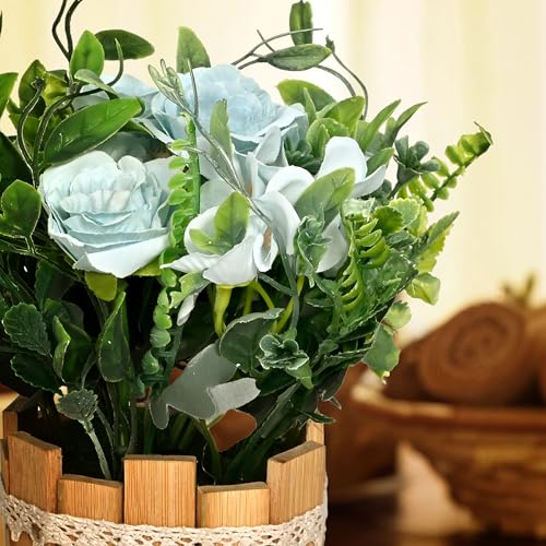 Image of Cortina Wooden Pot Straw Combination | Home Decor Items for Living Room Balcony Kitchen Bedroom Office Table Top Decoration - Light Blue, 20X10
