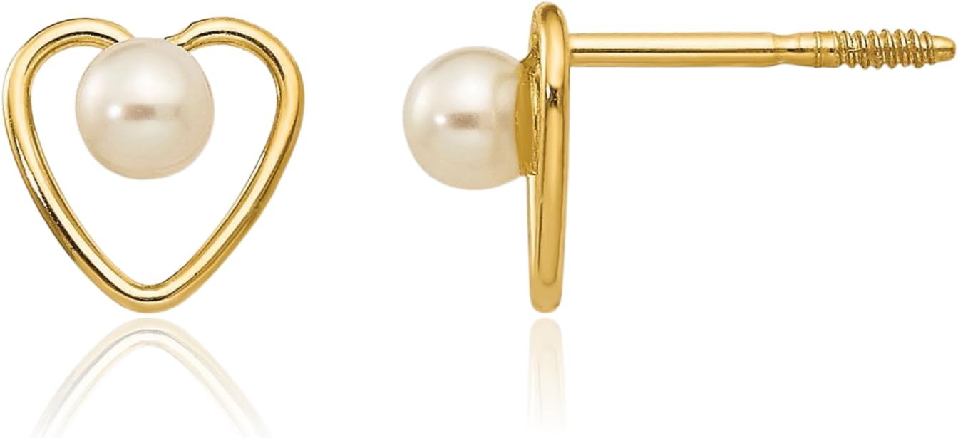 IceCarats 14K Solid Yellow Gold Freshwater Pearl Medium Heart Stud Earrings 6mm 1/4 inch Prong Set, Screw Back For Her