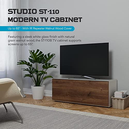 Image of SONOROUS ST-110 Premium TV Stand with White Glass & Walnut Wood Cover - Modern Entertainment Center & Media Console for Living Room - TV Cabinet up to 65 Inch with Hidden Wheels - Sleek Storage Design