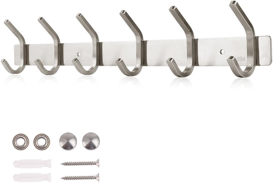 Dripex Coat Hook Rack Wall Mounted 304 Stainless Steel Hanger Heavy Duty Clothes Hat Holder (6 Hooks)