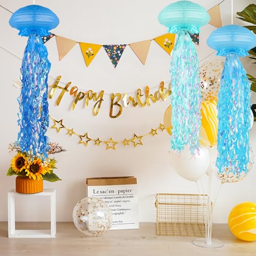 Image of Jellyfish Paper Lanterns, 6 Pack Hanging Jelly Fish for Under The Sea Party Decorations, Mermaid Ocean Themed Birthday Party Decorations, Classroom Decor (Blue)