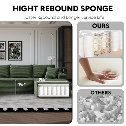 Image of Oversized Cloud Boneless Couch with Chaise, Modern Modular Sofa with Deep Seat, Corduroy Upholstered U Shaped Couch for Living Room, No Assembly Required (Green)