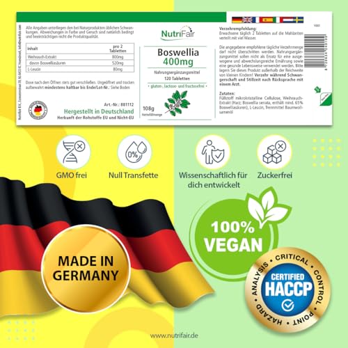 Boswellia 400mg - mit 800mg Weihrauch-Extrakt pro Tagesdosis - 120 Tabletten - Hochdosiert - 100% Vegan – Deutsche Produktion & Laborprüfung - NutriFair | Premium & Fair