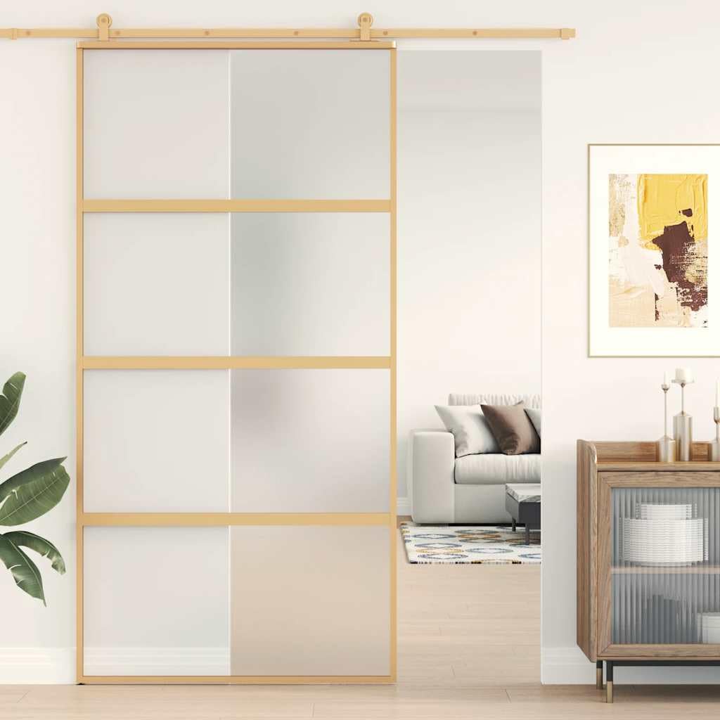 Drzwi przesuwne Golden 102,5 x 205 cm, matowe szkło ESG z aluminiową ramą, skrzydło drzwi wejściowych, drzwi wejściowych i drzwi przednich, łącznie z futryną drzwi, ościeżnicą i uszczelką