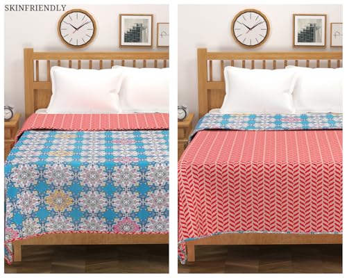 Image of Amazon Brand - Umi Blanket for Single Bed, 120 GSM Microfiber 2 Layered Quilted Dohar, Soft Lightweight Reversible Printed AC Blanket Single Bed for All Season (Orange, 152 x 225 cm)