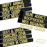 MAGICSHOP4U 12 Pack Birthday Sash for Women - Birthday Squad Sash Set, Funny Gifts Sashes for Women's Bday Party Supplies, Bday Sashes ( Black + White + Gold Glitter Letters )