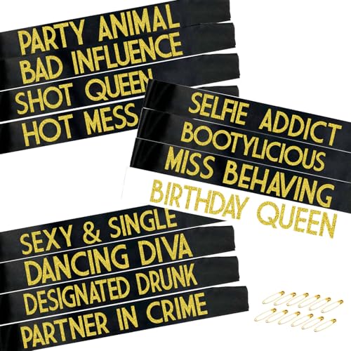 MAGICSHOP4U 12 Pack Birthday Sash for Women - Birthday Squad Sash Set, Funny Gifts Sashes for Women's Bday Party Supplies, Bday Sashes ( Black + White + Gold Glitter Letters )