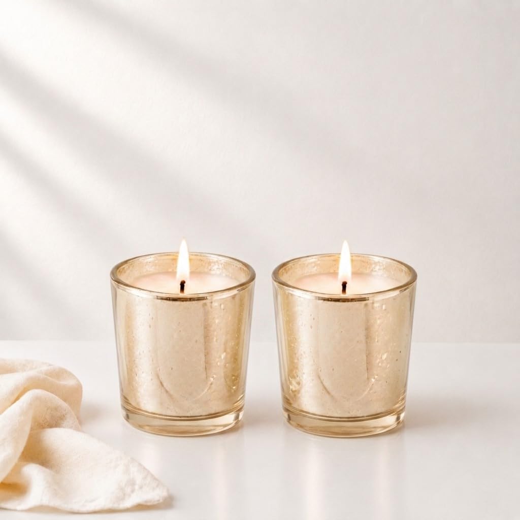 Small Champagne Mercury Glass Scented Candle (Set of 2) for Home Decor & Gifting - Smokeless-image-34