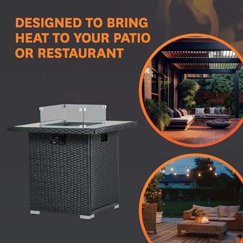 REALGLOW Coreglass Rattan Gas Square Fire Pit - Heat Adjustable 13KW Outdoor Fire Pit - Standing & Table Use - Easy Ignition - 27mm Regulator, Black REALGLOW Coreglass Rattan Gas Square Fire Pit - Heat Adjustable 13KW Outdoor Fire Pit - Standing & Table Use - Easy Ignition - 27mm Regulator, Black
