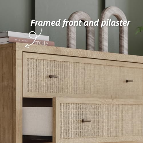 Image of Signature Design by Ashley Cielden Contemporary Chest of Drawers with Textured Cane Details and 5 Drawers, Bronze Knobs, Wood, 52.48 inch High, Light Brown