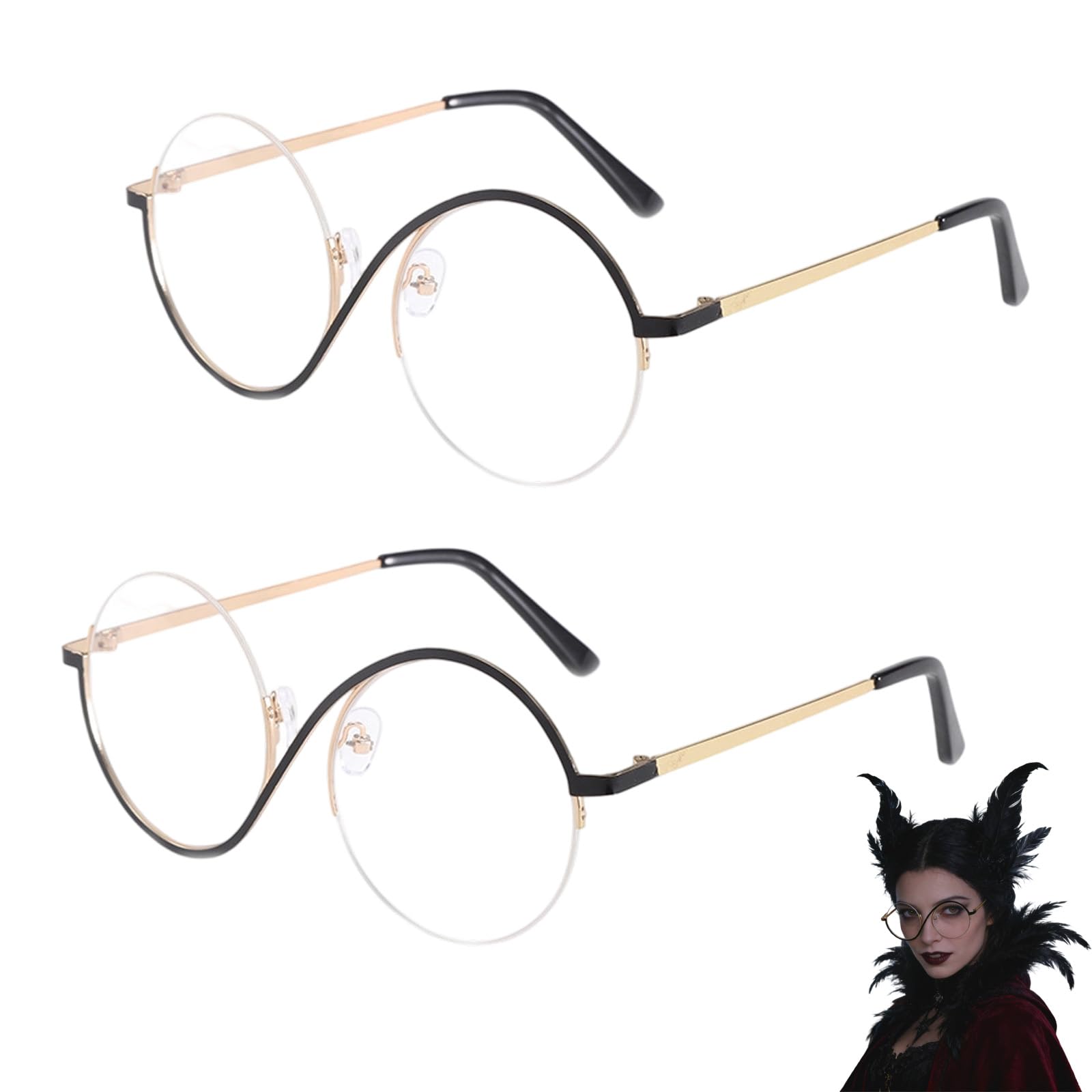 Wnzdp Elphaba Glasses, Black and Gold Frame Sunglasses 2PCS, Elphaba Costume for Witch Fans, Halloween Costume Enthusiasts, Cosplay Lovers, Themed Photo Shoots